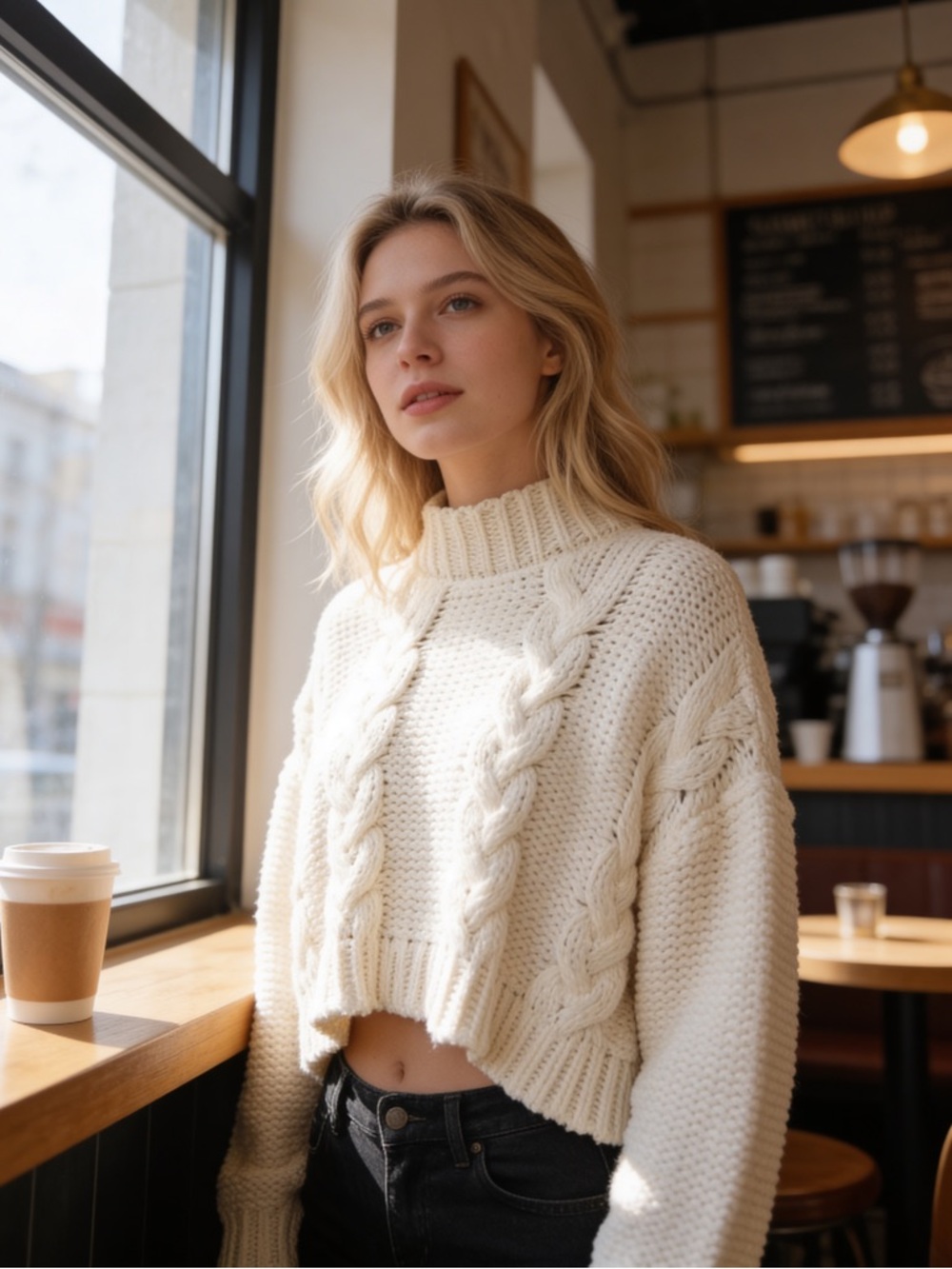Altar'd State Cream Cable Knit Turtleneck Sweater